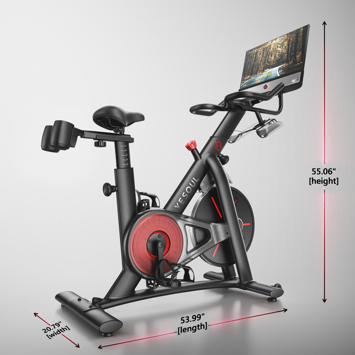 Front view of the black YESOUL G1M Max Bike with a red flywheel and a 21.5-inch rotating HD screen, showing its dimensions: 49.03 inches in length, 20.79 inches in width, and 55.06 inches in height.