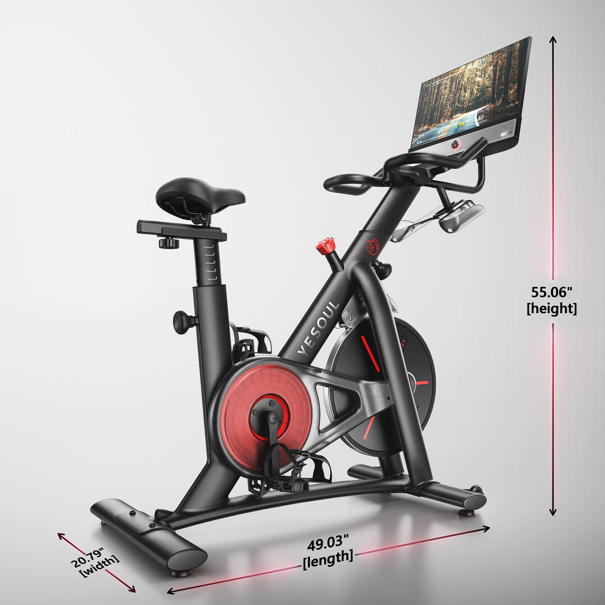 Front view of the black YESOUL G1M Plus exercise bike with a red flywheel and a 21.5-inch rotating HD screen, showing its dimensions: 49.03 inches in length, 20.79 inches in width, and 55.06 inches in height.