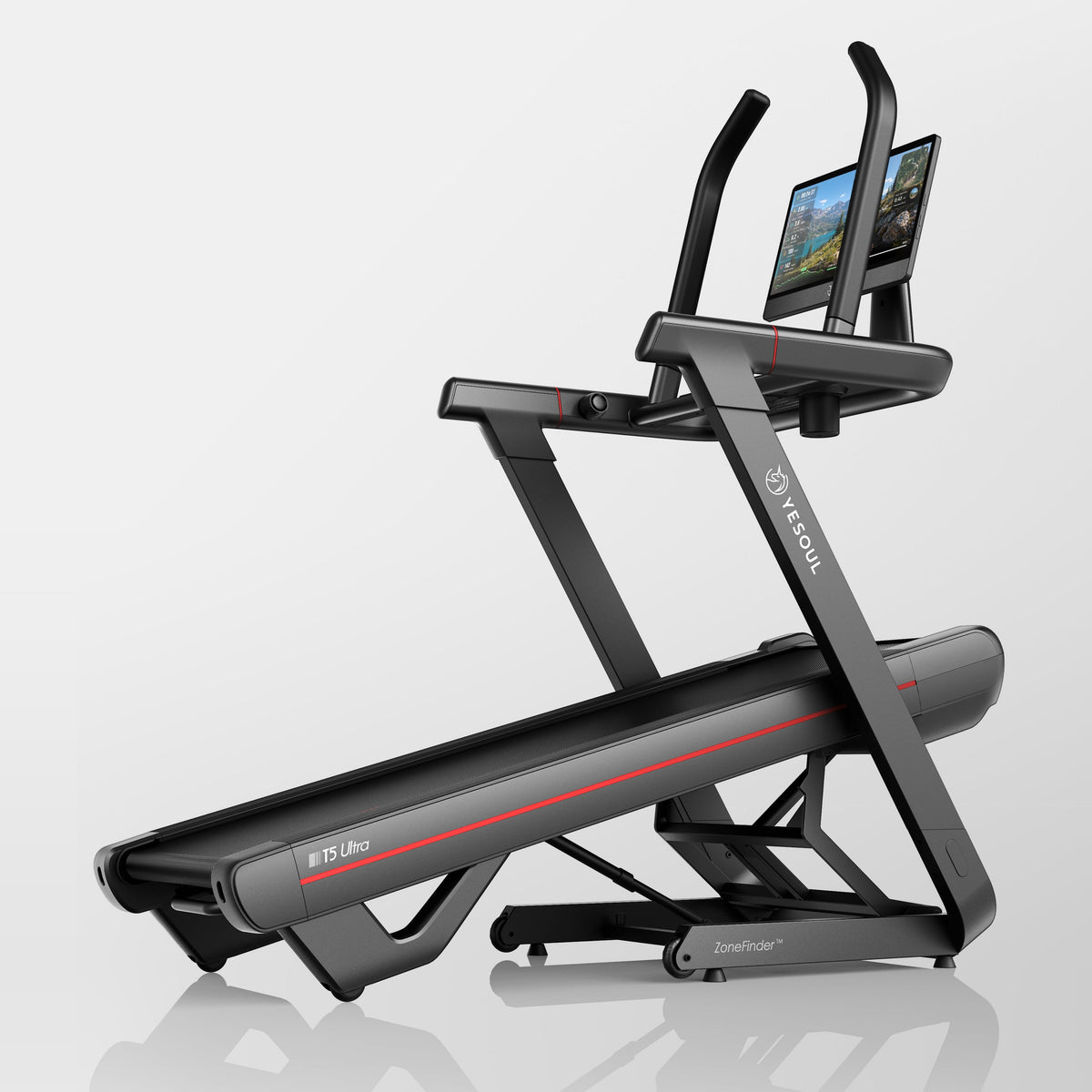 YESOUL T5 Ultra treadmill side view in black with red accents, featuring an adjustable incline and decline structure, large touchscreen display, and premium home fitness design.
