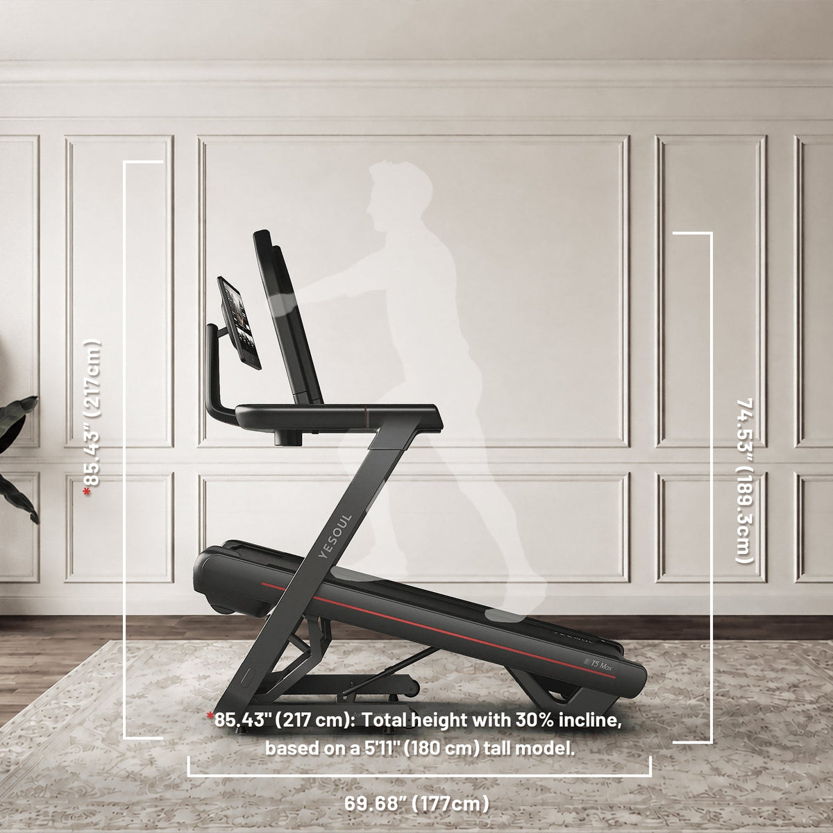 YESOUL T5 treadmill inclined in a garage